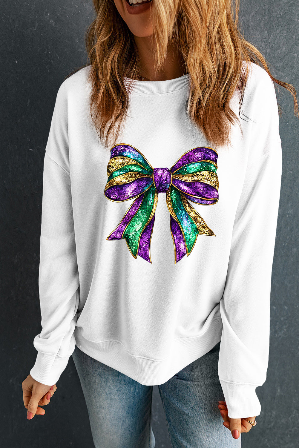 Mardi Gras Bow Graphic Drop Shoulder Sweatshirt