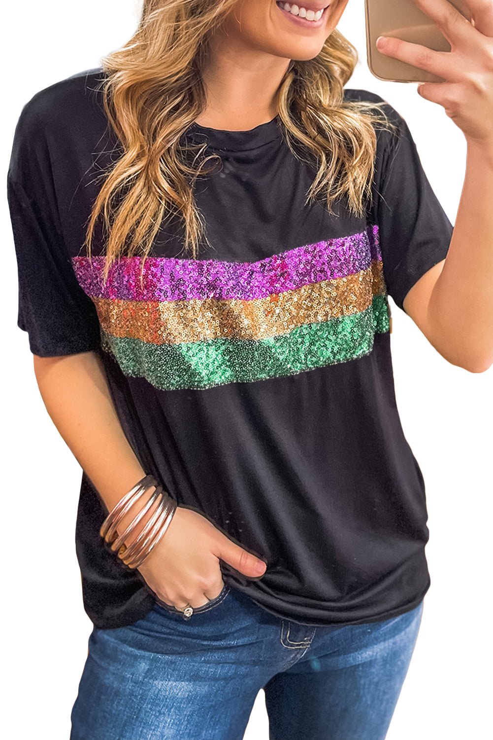 Colorblock Sequin Mardi Gras Crewneck T-Shirt