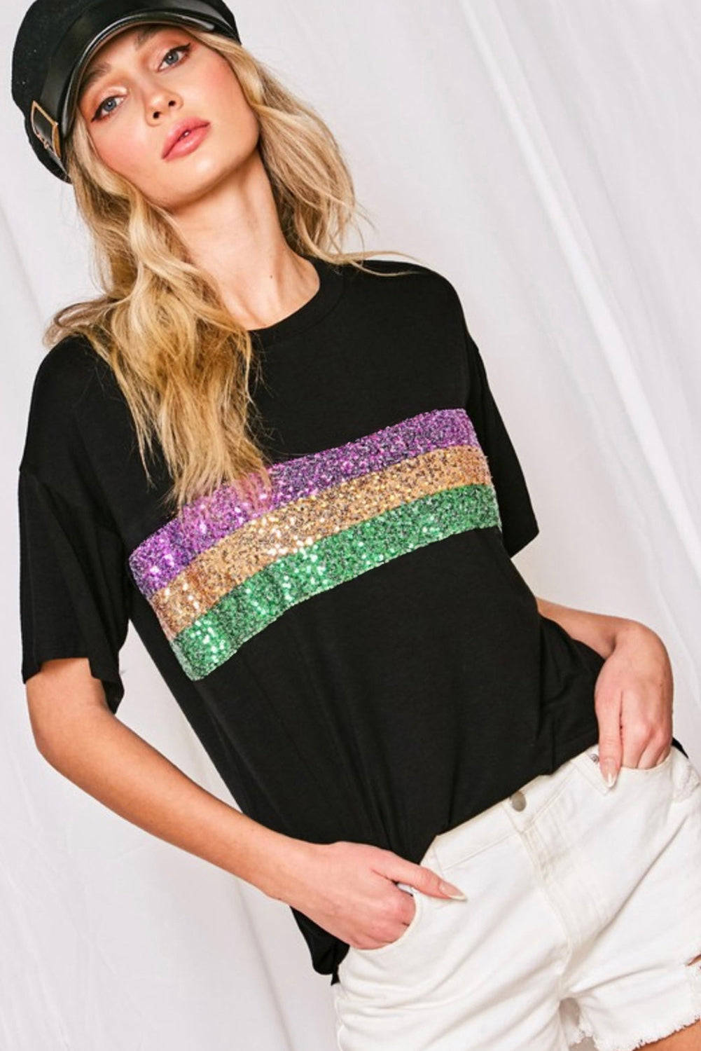 Colorblock Sequin Mardi Gras Crewneck T-Shirt