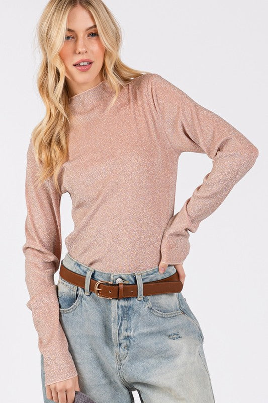 Glitter Mock Neck Lettuce Hem Long Sleeve Top