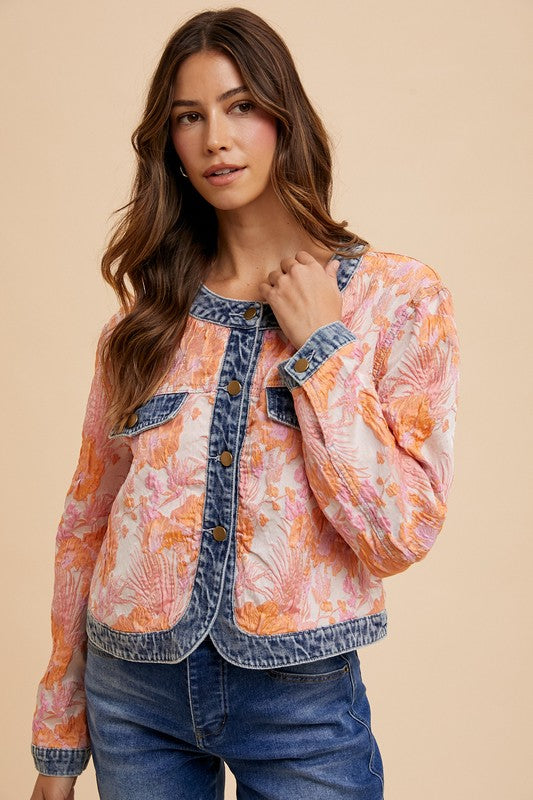 Floral Jacquard Denim Contrast Button Down Jacket