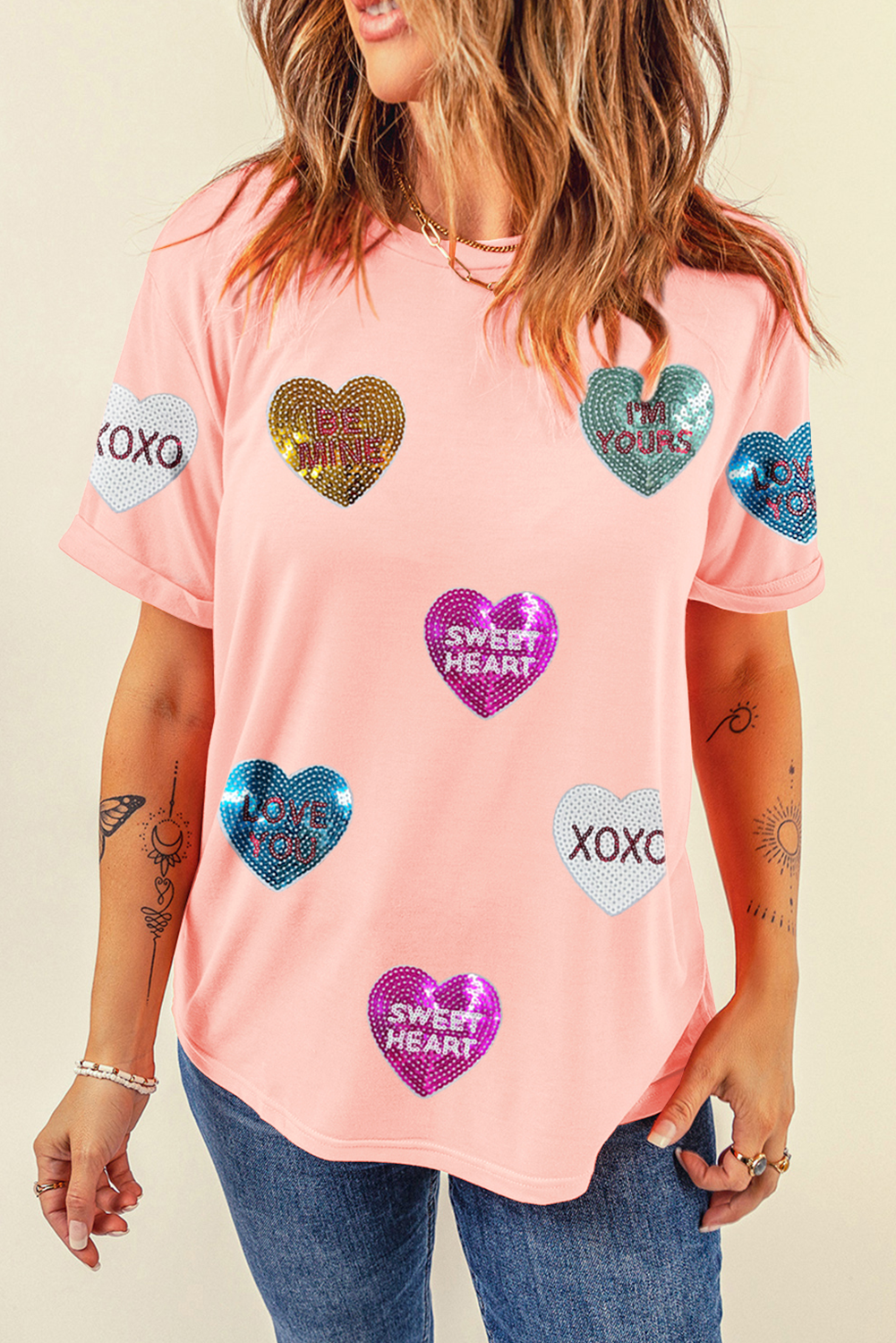 Sequin Heart Patched Crewneck T-Shirt