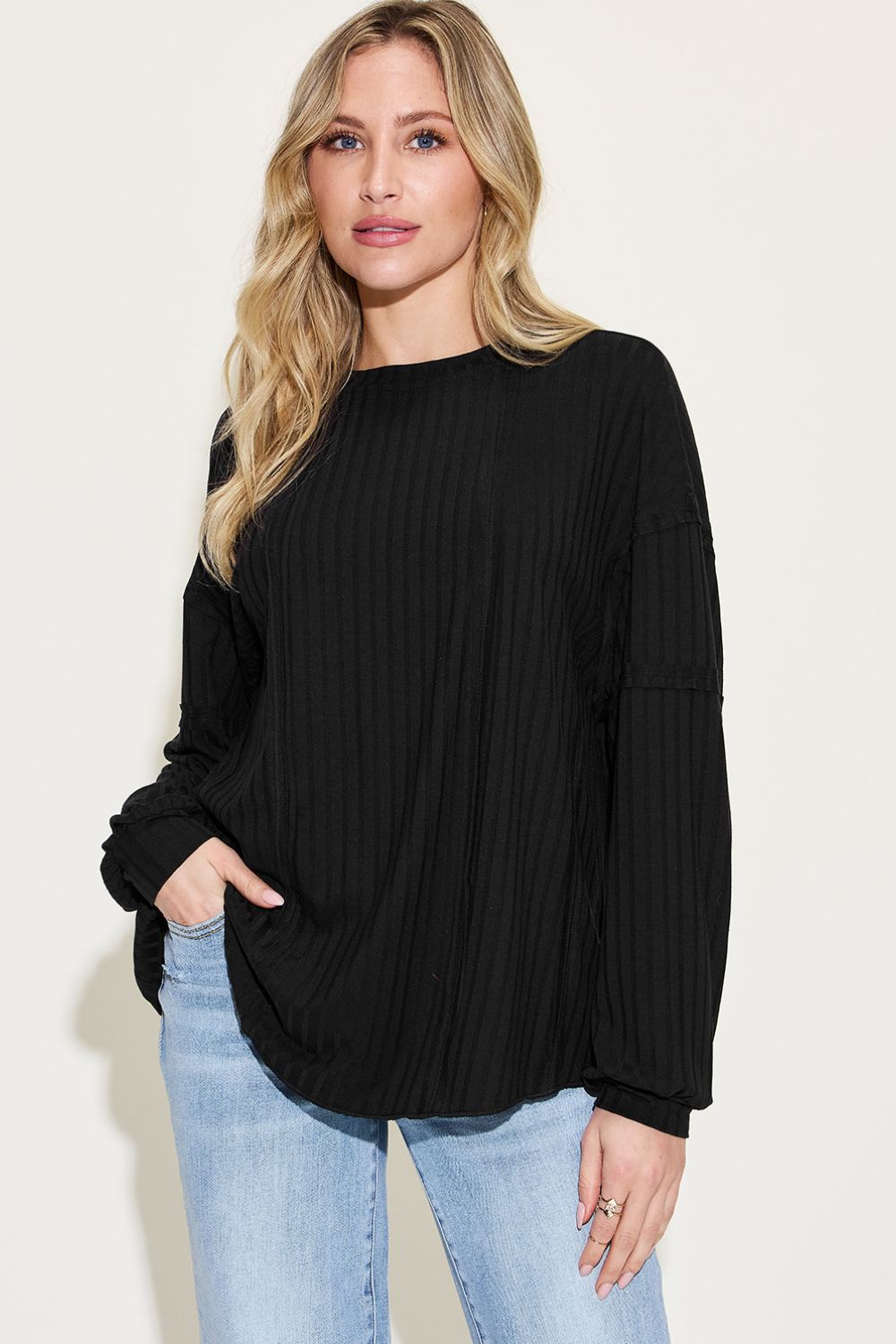 Ribbed Round Neck Long Sleeve T-Shirt