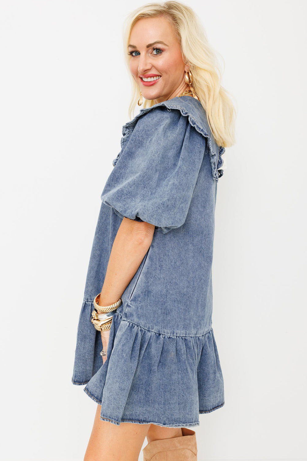 Ruffled Collared Puff Sleeve Denim Dress