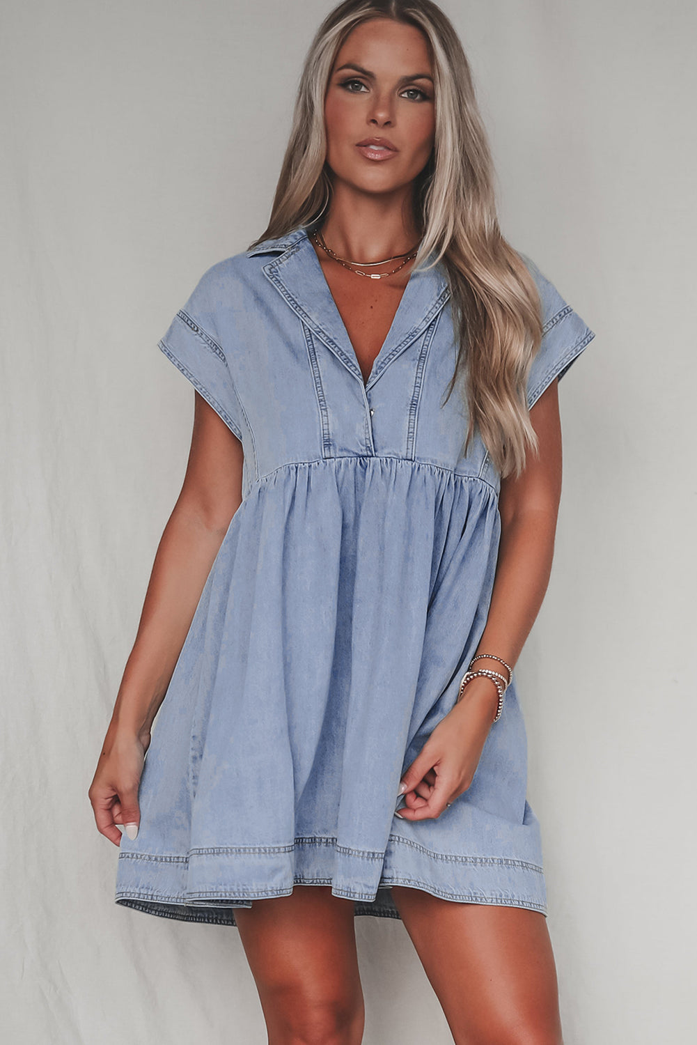 Lapel Neck Cap Sleeve Denim Babydoll Dress