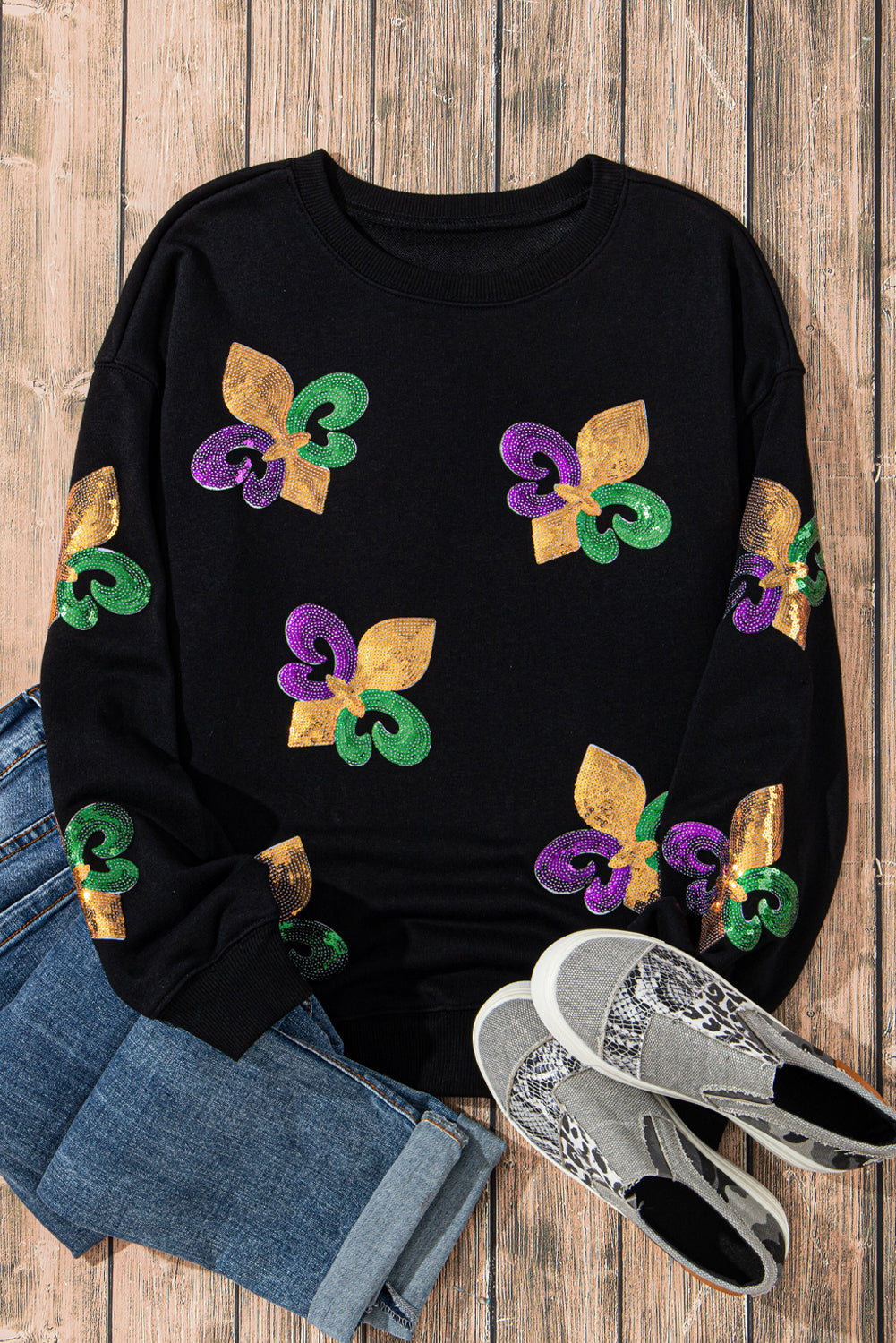 Sequin Mardi Gras Graphic Pullover Sweatshirt