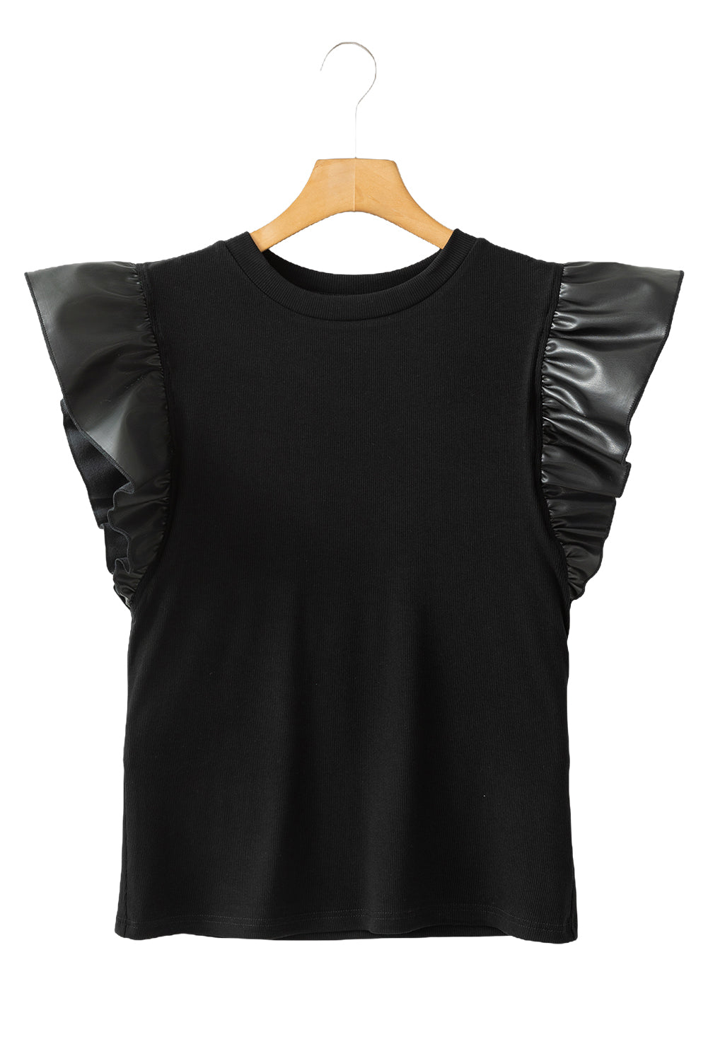 Leather Ruffle Sleeve Patchwork Round Neck Blouse