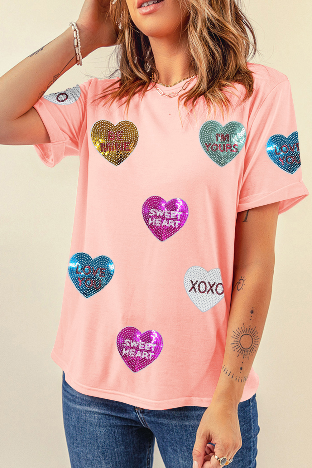 Sequin Heart Patched Crewneck T-Shirt